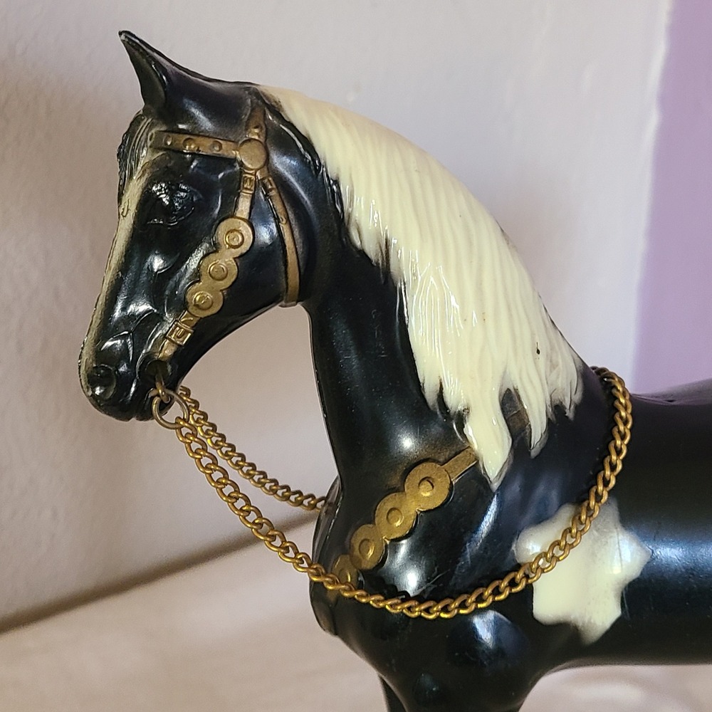 Breyer Glossy Western Pony Horse #41 Vintage Black White Pinto Gold Chain Reins